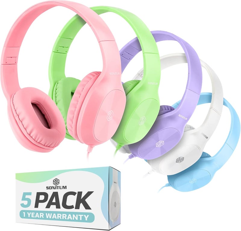 Sonitum Kids Headphones for School Bulk Set 5-Pack On-Ear, 3.5mm, Wired Headphones for Schools & Libraries – Adjustable, Cushioned Wired Kids, (Mixed Colors) - Image 1